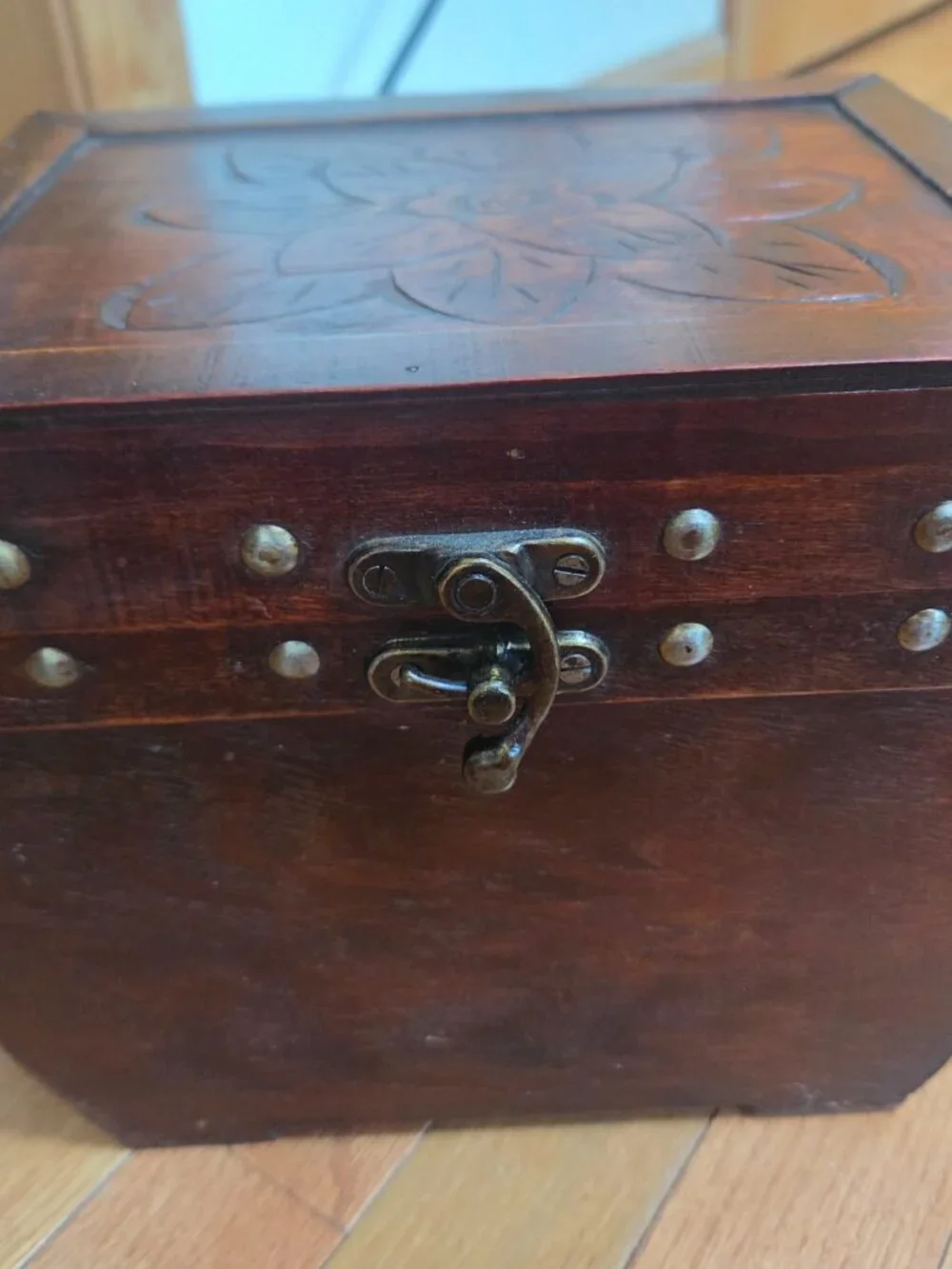 vintage decorative wooden storage chest brass metal brackets and studs